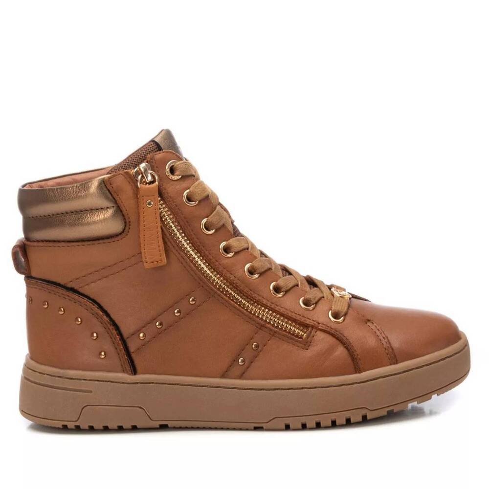 NEW CARMELA women's leather sneaker booties in camel